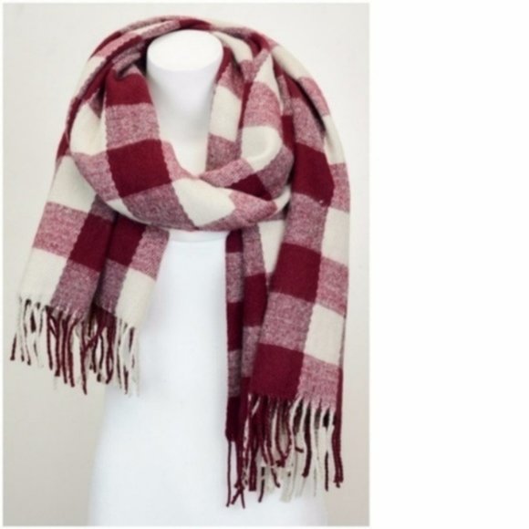 NEW Buffalo Check Blanket Scarf Shawl Plaid Wrap Fringe Burgundy Red Boutique - Picture 2 of 3